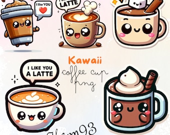 Kawaii Coffee Cup Clipart Sticker Style, Cute Coffee Cup Art, Commercial Use, Digital Download