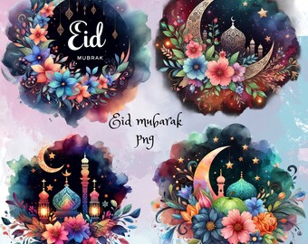 Watercolor Eid Clipart | Eid Mubarak | Islamic Lantern PNG | Muslim Moon Star | Arabic Sublimation Sticker | Commercial Licence