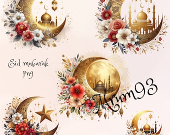 Watercolor Eid Clipart | Eid Mubarak | Islamic Lantern PNG | Muslim Moon Star | Arabic Sublimation Sticker | Commercial Licence