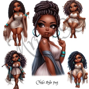 5 archivos PNG exclusivos de mujer estilo Chibi con fondo transparente Paquete ideal para productos POD únicos y elegantes