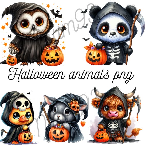 Halloween Animals PNG Bundle, Spooky Grim Reaper Style, Digital Clipart Set