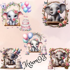 Elephant Clip Art, Birthday Clipart, PNG Watercolor Pastel Colors Party Invitation Clip Art, Printable, Digital Downloads, Nursery