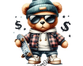 Abbigliamento da strada dell'acquerello Teddy Bear PNG, orsacchiotto hiphop, stampa digitale, stampa ad acquerello, design per il download istantaneo, immagine stampabile