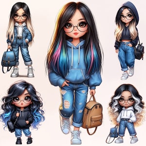 5 archivos PNG exclusivos de mujer estilo Chibi con fondo transparente Paquete ideal para productos POD únicos y elegantes