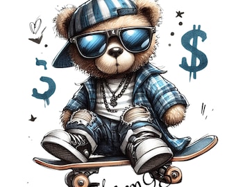 Abbigliamento da strada dell'acquerello Teddy Bear PNG, orsacchiotto hiphop, stampa digitale, stampa ad acquerello, design per il download istantaneo, immagine stampabile