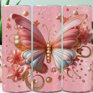 3D Pink Gold Butterfly 20 oz Skinny Tumbler Sublimation Design, Instant Digital Download PNG, Butterfly Tumbler Wrap, Beautiful gift for mom