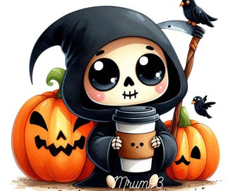 Cute Halloween Grim Reaper PNG, Instant Download Clipart , Spooky Ghost Graphic, Halloween png, cute spooky png