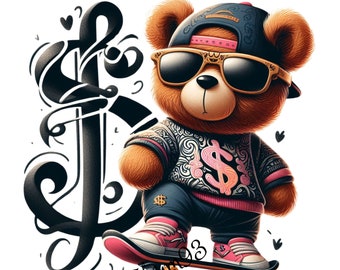 Abbigliamento da strada dell'acquerello Teddy Bear PNG, orsacchiotto hiphop, stampa digitale, stampa ad acquerello, design per il download istantaneo, immagine stampabile