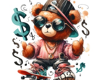 Abbigliamento da strada dell'acquerello Teddy Bear PNG, orsacchiotto hiphop, stampa digitale, stampa ad acquerello, design per il download istantaneo, immagine stampabile