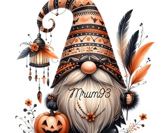 Halloween gnome png clipart , spooky season clipart, Halloween png , gnome with witch hat, pumpkin, gnome clipart