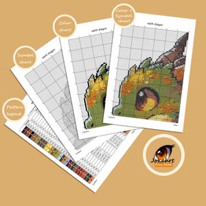 Pu&ograve; includere: Un set di pagine di schemi per punto croce intitolate earth dragon, con una griglia che mostra un'illustrazione colorata di un drago, una tabella dei simboli e una legenda con i codici colore DMC e il logo Jokahrt Cross Stitch.