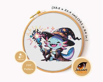 Schema per punto croce Axolotl Stregone PDF, schema ricamo mago Kawaii, regalo magico fai da te, download immediato