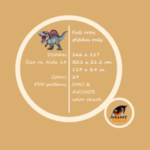 Pode incluir: Um padr&atilde;o de ponto cruz com uma ilustra&ccedil;&atilde;o de um dinossauro Spinosaurus. O design inclui 166 x 117 pontos e 29 cores. O tamanho final &eacute; de 30,1 x 21,2 cm em tecido Aida 14. Padr&otilde;es PDF est&atilde;o dispon&iacute;veis com tabelas de cores DMC e ANCHOR.