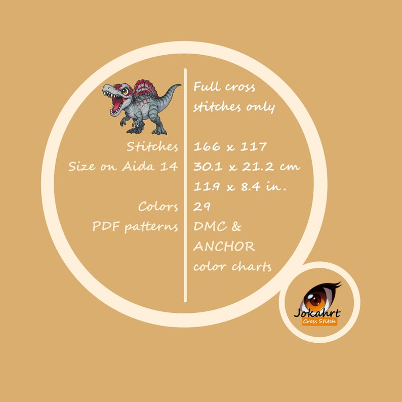 Pode incluir: Um padr&atilde;o de ponto cruz com uma ilustra&ccedil;&atilde;o de um dinossauro Spinosaurus. O design inclui 166 x 117 pontos e 29 cores. O tamanho final &eacute; de 30,1 x 21,2 cm em tecido Aida 14. Padr&otilde;es PDF est&atilde;o dispon&iacute;veis com tabelas de cores DMC e ANCHOR.