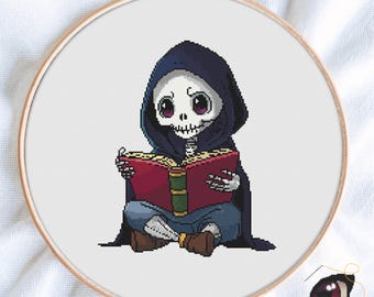 Chibi Skeleton Cross Stitch Pattern PDF, Goth Halloween Embroidery Chart, Spooky DIY Gift, Instant Download