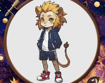 Lejonet korsstygnsmönster PDF, Anime Zodiac Lejon broderidiagram, Astrologi DIY-present, Omedelbar nedladdning
