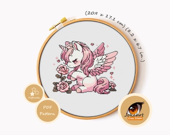 May include: A cross stitch pattern in a wooden hoop featuring a pink unicorn with wings and roses. Text reads (20.9 x 17.1 cm) (8.2 x 6.7 in.), Difficulty, PDF Pattern, and Jokahrt Cross Stitch with an eye graphic.