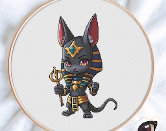 Patrón de punto de cruz de Anubis en PDF, gráfico de bordado de dios egipcio Kawaii, regalo DIY del Antiguo Egipto, descarga instantánea.