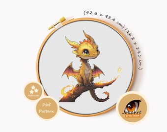 Può includere: Uno schema a punto croce con un drago giallo con accenti arancioni appollaiato su un ramo, in un telaio di legno. Il disegno misura 42,6 x 48,4 cm. Il testo include Difficulty, PDF Pattern e Jokahrt Cross Stitch.