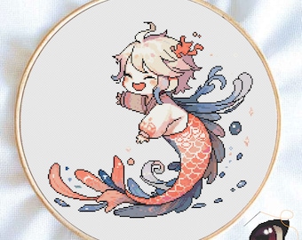 Sirène motif point de croix PDF, tableau de broderie fantaisie océan, cadeau bricolage sous-marin, téléchargement immédiat