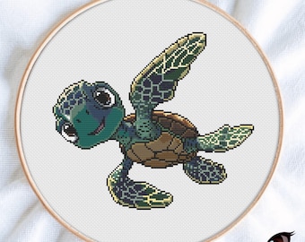 Swimming Sea Turtle Cross Stitch Pattern PDF, Ocean Animal Embroidery Chart, Underwater DIY Gift, Instant Download