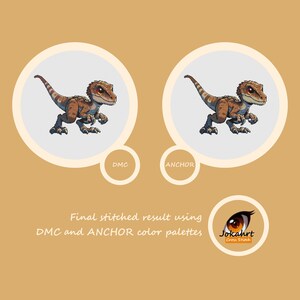 Pode incluir: Duas ilustra&ccedil;&otilde;es de um dinossauro castanho e bege, cada uma dentro de um c&iacute;rculo bege claro. Os textos "DMC" e "ANCHOR" est&atilde;o abaixo de cada dinossauro. O texto "Final stitched result using DMC and ANCHOR color palettes" est&aacute; abaixo dos c&iacute;rculos. Um logotipo est&aacute; no canto inferior direito.