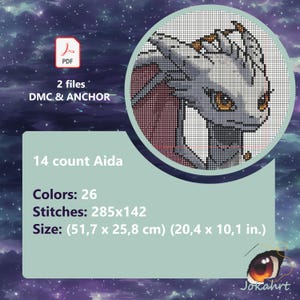 May include: Cross stitch pattern featuring a white dragon with yellow eyes. The pattern is for 14 count Aida fabric and includes 26 colors. The finished size is 20.4 inches by 10.1 inches.