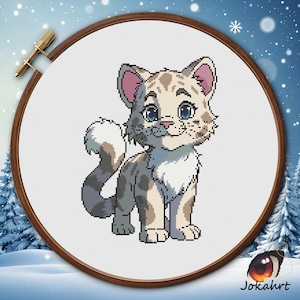 Sneeuwluipaard kruissteekpatroon pdf, kaart met dieren in het wild, digitale kattenkruissteek, doe-het-zelf kattenpatroon, luipaardontwerp voor natuurliefhebbers
