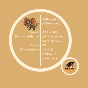 Pode incluir: Um padr&atilde;o de ponto cruz com uma ilustra&ccedil;&atilde;o de desenho animado de um dinossauro Dilophosaurus. O design inclui o texto "Full cross stitches only", a contagem de pontos, o tamanho em cm e polegadas, a contagem de cores e os detalhes do padr&atilde;o PDF.