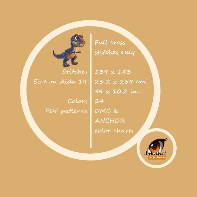 Pode incluir: Um padr&atilde;o digital de ponto cruz com um dinossauro de desenho animado. O design inclui 139 x 143 pontos e 24 cores. O tamanho final em tecido Aida 14 &eacute; de 25,2 x 25,9 cm. O padr&atilde;o est&aacute; dispon&iacute;vel em formato PDF com tabelas de cores DMC & ANCHOR.