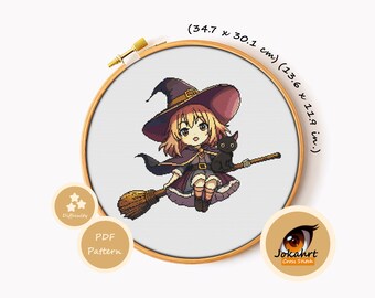 Kawaii Witch Cross Stitch Pattern PDF, Cute Halloween Embroidery Chart, Spooky DIY Gift, Instant Download