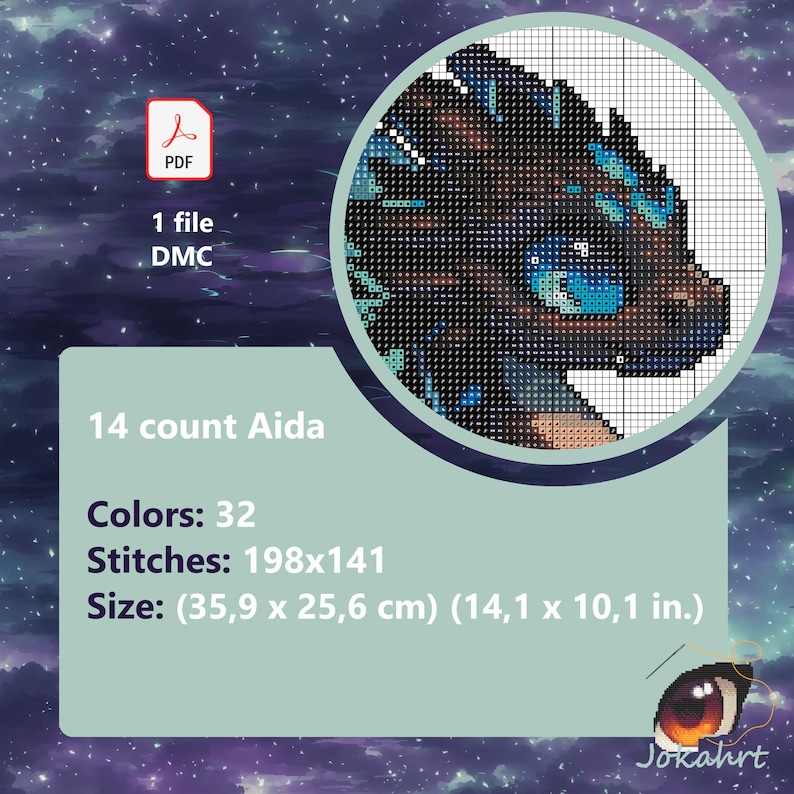 May include: Cross stitch pattern of a blue and brown dragon with a blue eye. The pattern is 198 stitches wide by 141 stitches high and measures 14.1 inches by 10.1 inches. The pattern is for 14 count Aida fabric and uses 32 colors.
