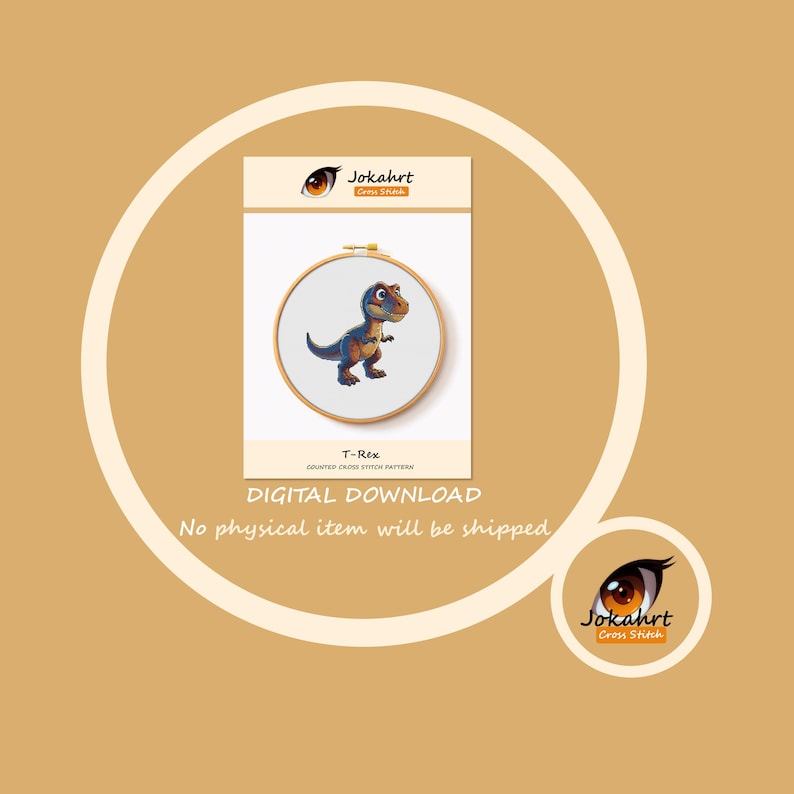 Pode incluir: Um padr&atilde;o digital de ponto cruz com um dinossauro T-Rex de desenho animado. O design &eacute; exibido em um bastidor de bordado de madeira. O texto "DOWNLOAD DIGITAL" tamb&eacute;m &eacute; vis&iacute;vel.