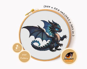 Dragon motif point de croix PDF, grille de broderie Dragon mythique fantastique, cadeau DIY, téléchargement immédiat