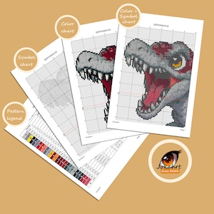 Pode incluir: Um conjunto de gr&aacute;ficos de padr&otilde;es de ponto cruz com um design de dinossauro Spinosaurus. Os gr&aacute;ficos incluem chaves de cores e s&iacute;mbolos, uma legenda de padr&otilde;es e uma tabela de cores. O design mostra a cabe&ccedil;a do dinossauro em tons de cinza, vermelho e amarelo.
