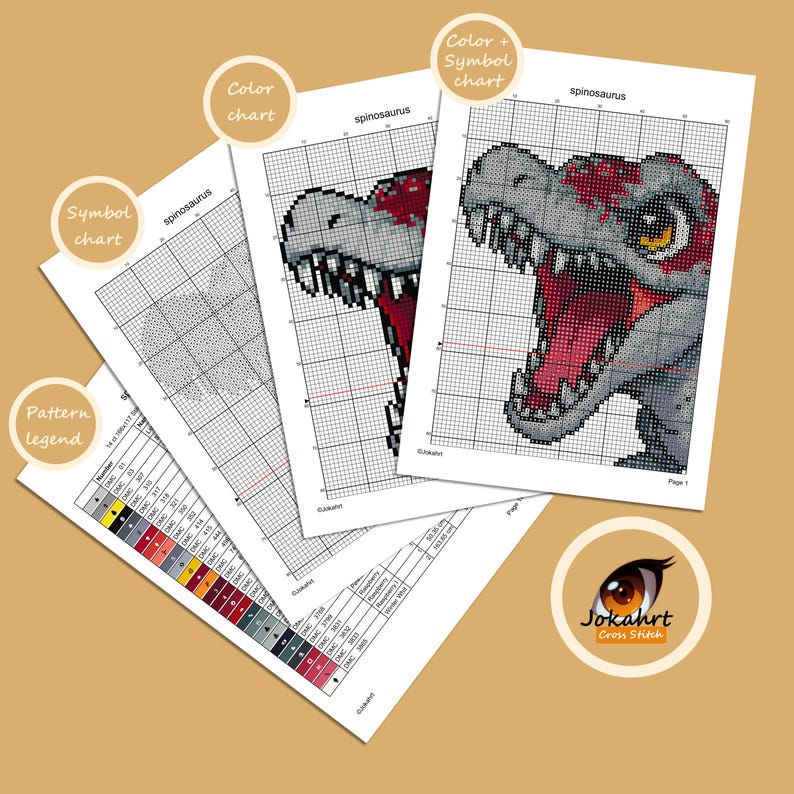 Pode incluir: Um conjunto de gr&aacute;ficos de padr&otilde;es de ponto cruz com um design de dinossauro Spinosaurus. Os gr&aacute;ficos incluem chaves de cores e s&iacute;mbolos, uma legenda de padr&otilde;es e uma tabela de cores. O design mostra a cabe&ccedil;a do dinossauro em tons de cinza, vermelho e amarelo.