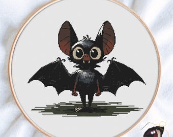 Halloween Bat Cross Stitch Pattern PDF, Vampire Night Scene Embroidery Chart, Spooky DIY Gift, Instant Download