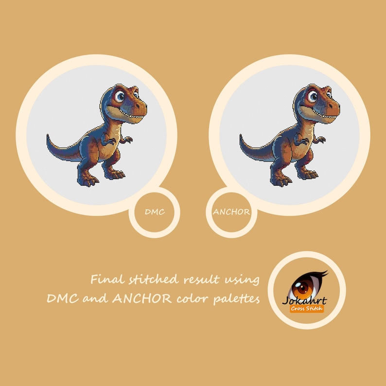 Pode incluir: Duas ilustra&ccedil;&otilde;es de um Tyrannosaurus Rex de desenho animado, cada uma dentro de um c&iacute;rculo bege claro. O dinossauro &eacute; marrom, azul e laranja. O texto diz "DMC" e "ANCHOR" abaixo dos c&iacute;rculos. O texto "Resultado final costurado usando paletas de cores DMC e ANCHOR" tamb&eacute;m est&aacute; presente.