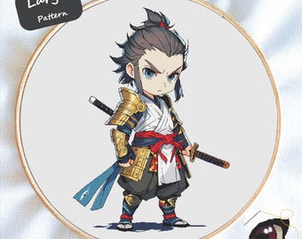 Samurai Cross Stitch Pattern PDF, Japanese Warrior Embroidery Chart, Anime DIY Gift, Instant Download