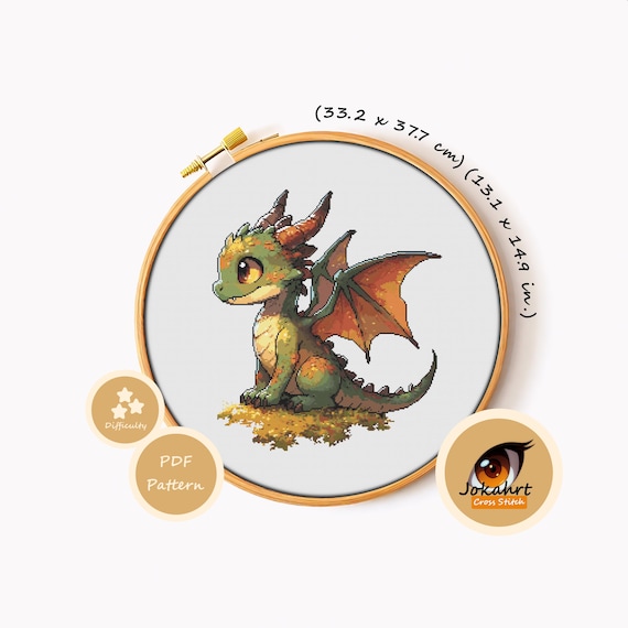 Earth Dragon Cross Stitch Pattern PDF, Nature Fantasy Dragon Embroidery Chart, Mythical DIY Gift, Instant Download