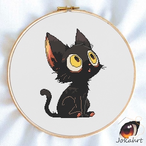 Patrón de punto de cruz de gato en PDF, lindo diseño digital de gatito, patrón de gato negro contado para amantes de los gatos, arte de puntada de dibujos animados