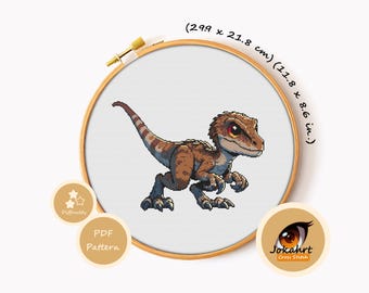 Patrón de punto de cruz de Velociraptor en PDF, diagrama de bordado de dinosaurio raptor, regalo jurásico para hacer tú mismo, descarga instantánea.
