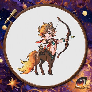 May include: Cross stitch pattern of a centaur with brown fur, a yellow mane, and a bow and arrow. The centaur is wearing a blue and green outfit and has a brown leather quiver.