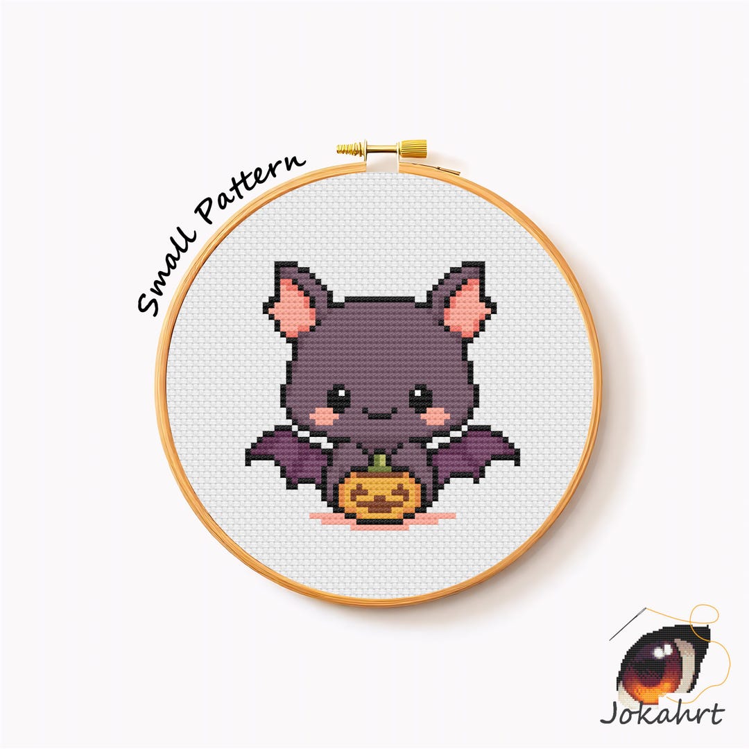 Kawaii Bat Cross Stitch Pattern PDF, Halloween Pumpkin Embroidery Chart ...