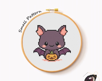 Chauve-souris kawaii, motif point de croix PDF, tableau de broderie citrouille d'Halloween, joli cadeau bricolage effrayant, téléchargement immédiat