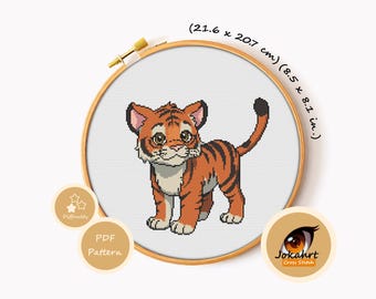 Tiger Cub Cross Stitch Pattern PDF, Cute Baby Tiger Embroidery Chart, Wildlife DIY Gift, Instant Download