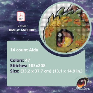 May include: Cross stitch pattern for a cute green dragon with orange and yellow accents. The pattern includes 47 colors and is 183 stitches wide by 208 stitches tall. The finished size is 13.1 inches by 14.9 inches.
