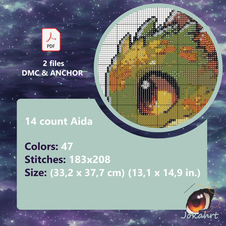 May include: Cross stitch pattern for a cute green dragon with orange and yellow accents. The pattern includes 47 colors and is 183 stitches wide by 208 stitches tall. The finished size is 13.1 inches by 14.9 inches.