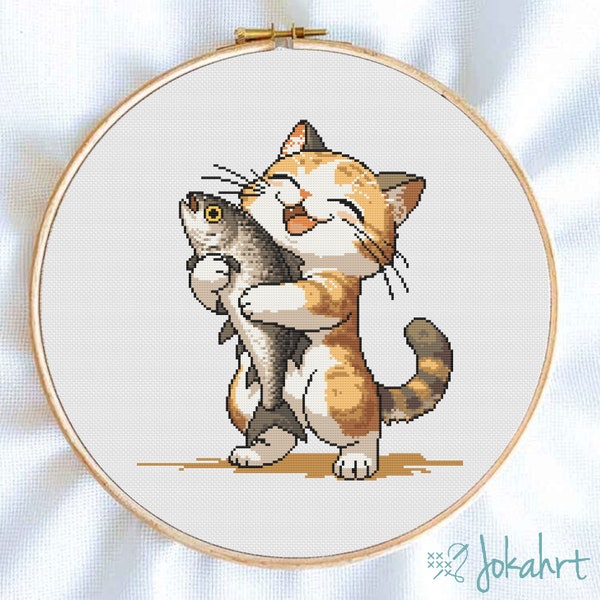 Adorable Cat Hugging Fish Cross Stitch Pattern, Whimsical DIY Embroidery, Home Decor Crafting, Cute Cat Embracing Fish Cross Stitch PDF