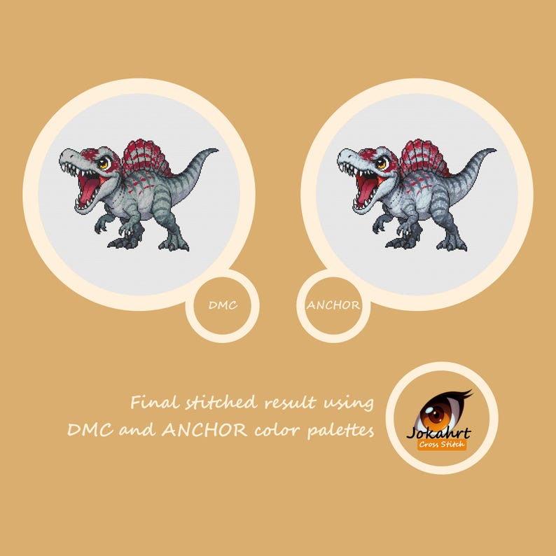 Pode incluir: Duas ilustra&ccedil;&otilde;es circulares de um dinossauro Spinosaurus, uma rotulada "DMC" e a outra "ANCHOR". O dinossauro &eacute; cinzento com uma vela vermelha e a boca aberta. O texto abaixo diz "Final stitched result using DMC and ANCHOR color palettes". Um logotipo est&aacute; no canto inferior direito.